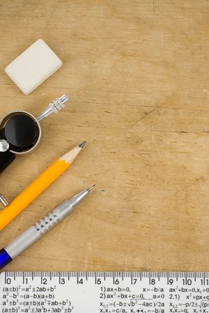 school accessories on wood textureの写真素材