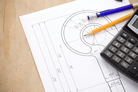 pen and pencil, calculator on hook crane draftingの写真素材