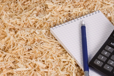 wooden shaving and office accessoriesの写真素材