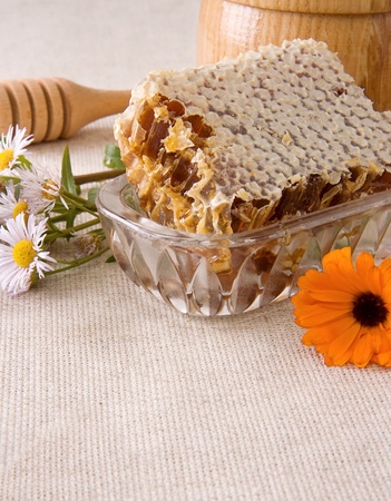honeycomb, flowers and honey in pot on sackingの写真素材