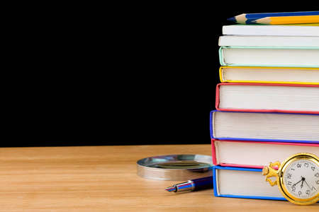 back to school supplies isolated on black background textureの写真素材