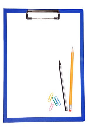 blue clipboard with paper, pen and pencil isolated on white backgroundの写真素材
