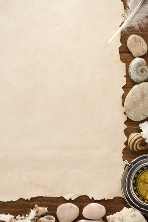 paper vintage background and compass on woodの写真素材