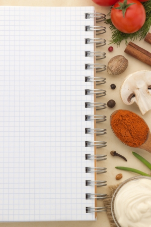 food ingredients and recipe book on aged backgroundの写真素材
