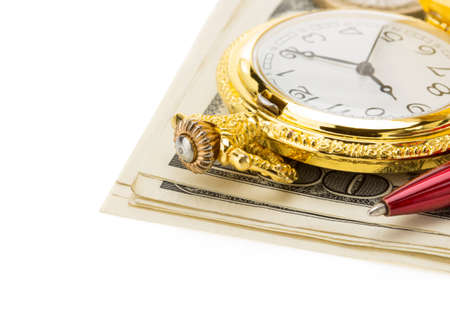 dollars banknotes and watch isolated on white backgroundの写真素材