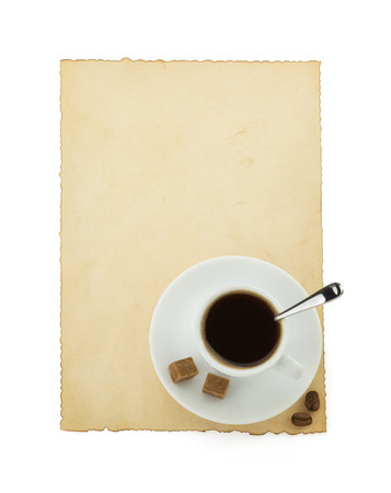 cup of coffee and parchment isolated on white backgroundの写真素材