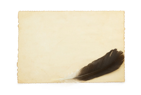 aged paper and feather isolated on white backgroundの写真素材