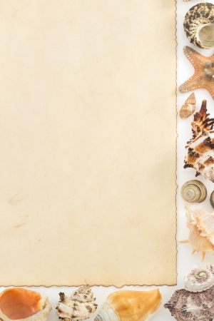 aged paper and sea concept isolated on whiteの写真素材