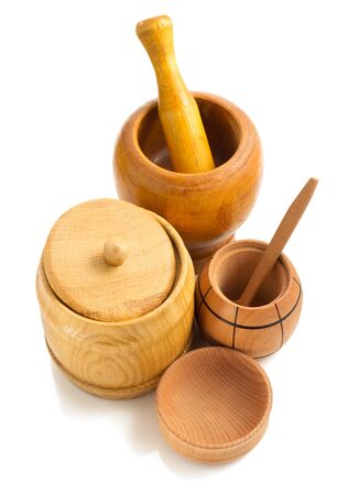 wooden tableware isolated on white backgroundの写真素材