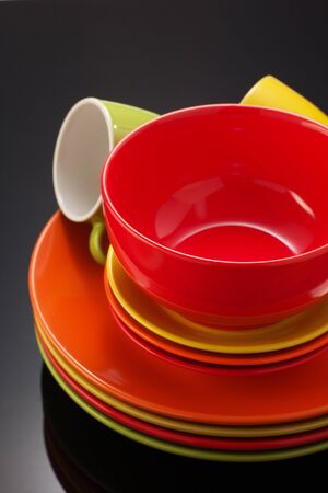 set of dishware on black backgroundの写真素材