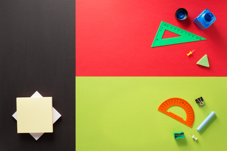 school supplies at abstract colorful background textureの写真素材