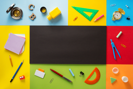 school supplies at abstract colorful background textureの写真素材