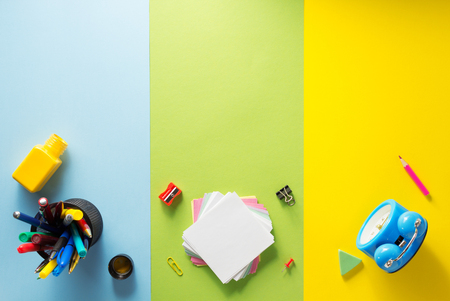 school supplies at abstract colorful background textureの写真素材