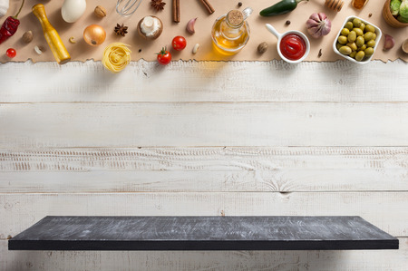 spice and herbs ingredients at wooden backgroundの写真素材