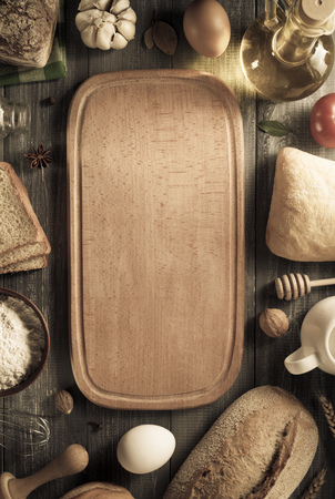 bread and bakery products on wood backgroundの写真素材