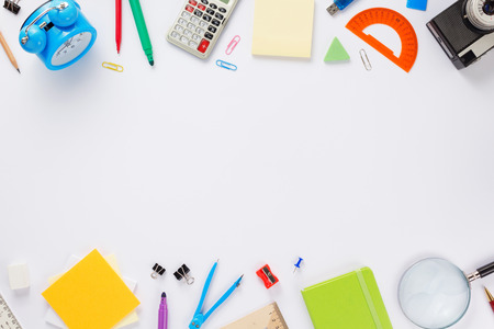 school accessories and stationary supplies on white  background, top viewの写真素材