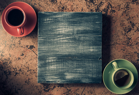 cup of coffee, tea and  wooden backgroundの写真素材