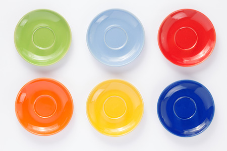 empty plate and saucer on white  background, top viewの写真素材