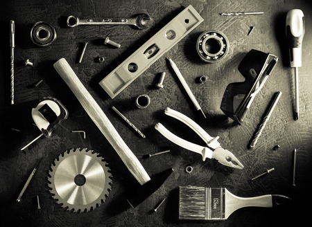 Set of tools and instruments on black