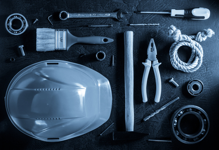 Set of tools and instruments on blackの写真素材