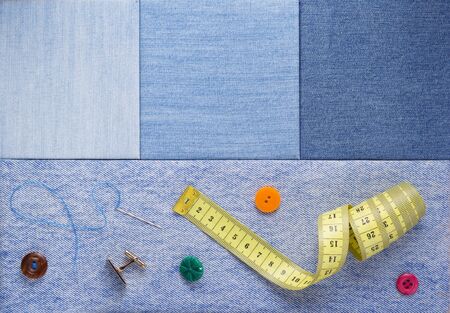 Sewing tools and accessories on jeans  textureの写真素材