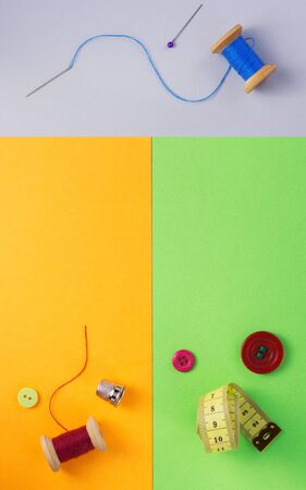 sewing tools and accessories at paper background texture, top viewの写真素材