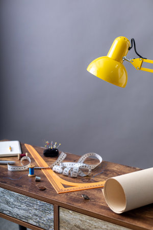 tailor or sewing accessories and supplies or tools, creative concept of clothes atelier