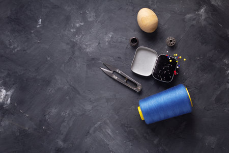 tailor or sewing accessories and supplies or tools, creative concept of clothes atelier