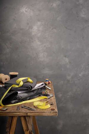 tailor or sewing accessories and supplies or tools, creative concept of clothes atelier