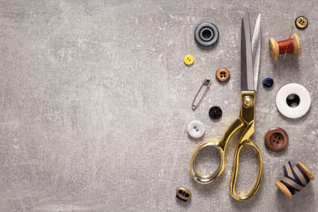 tailor or sewing accessories and supplies with tools, creative concept top view