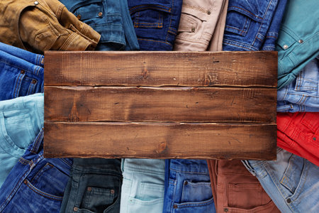 Denim jeans on old wooden background texture table surface. Top viewの写真素材