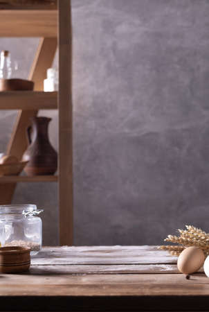 Bakery ingredients for homemade bread cooking or baking on table. Food set at wooden tabletop near...