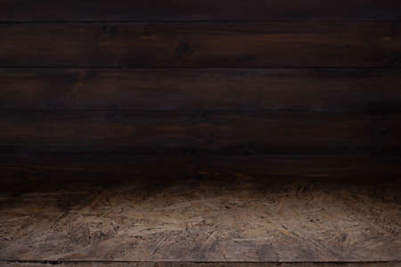 Wooden osb table top background texture.  Wood tabletop front view with copy space. Plank board...