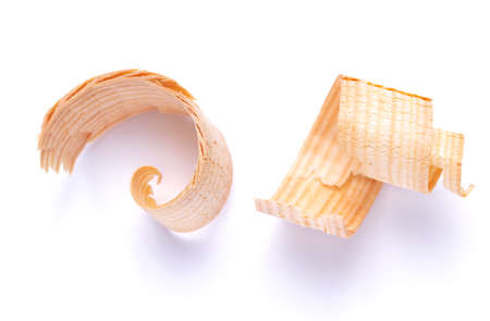 Wood shavings isolated on white background. Wooden shaving at white