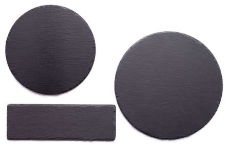 Slate stone pizza cutting board isolated on white backgroundの写真素材