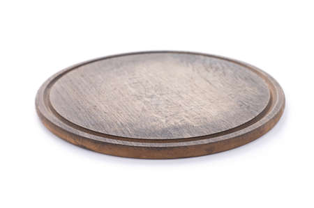 Pizza cutting board for homemade bread cooking isolated on white background. Empty pizza board at whiteの写真素材