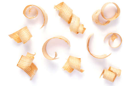 Wood shavings isolated on white background. Wooden shaving at white