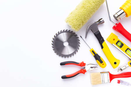 Construction tools  on white background. Kit of work tool for renovatinの写真素材