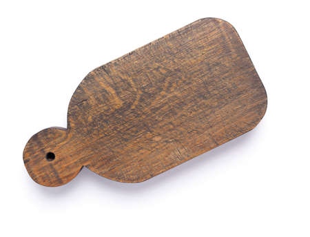 Wood cutting board isolated at white background top viewの写真素材