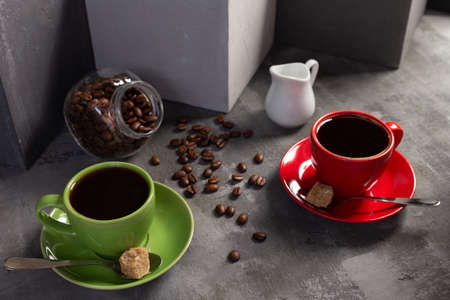 Cup of coffee and beans at table background. Relax coffee conceptの写真素材