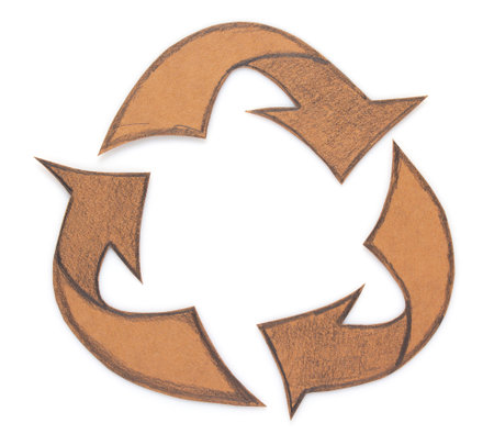 Recycle symbol cardboard paper isolated at white background texture. Recycling concept and brown paperの写真素材