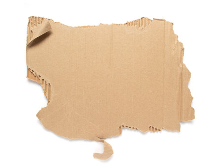 Piece of cardboard torn edge isolated at white background. Brown ripped paperの写真素材