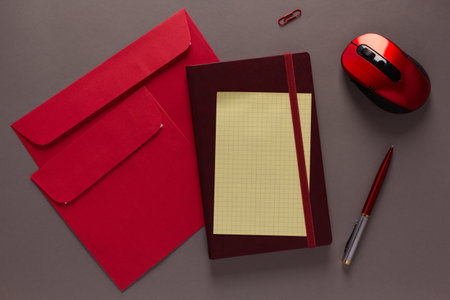 Office stationary supplies and notebook at paper table background texture. Business flat lay concept...