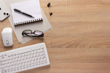 Business or student workplace and stationary supplies at desk table background. Study learning concept ideaの写真素材