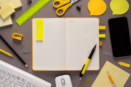 Business or student workplace and stationary supplies at table background. Study learning concept ideaの写真素材
