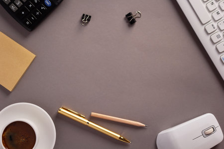 Manager or student workplace and notebook with stationary supplies at table background. Study learning concept ideaの写真素材