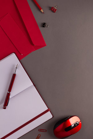 Open notepad and office stationary supplies at paper table background texture. Business flat lay concept ideaの写真素材