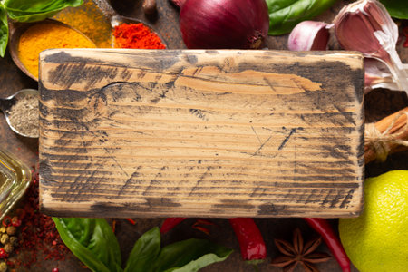 Variety of spices and herbs on table background. Cooking concept and ingredients at table top viewの写真素材