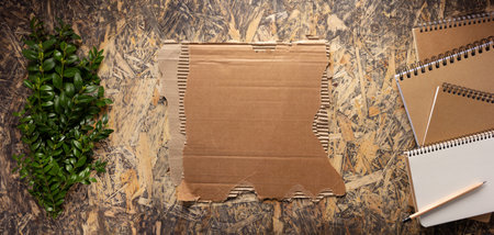 Cardboard torn edge and brown ripped paper at chipboard plywood background texture. Recycling concept and waste paperの写真素材