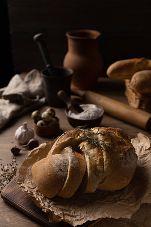 Sliced bread and ingredient on wood table. Homemade bread at wooden tabletop as baking conceptの写真素材